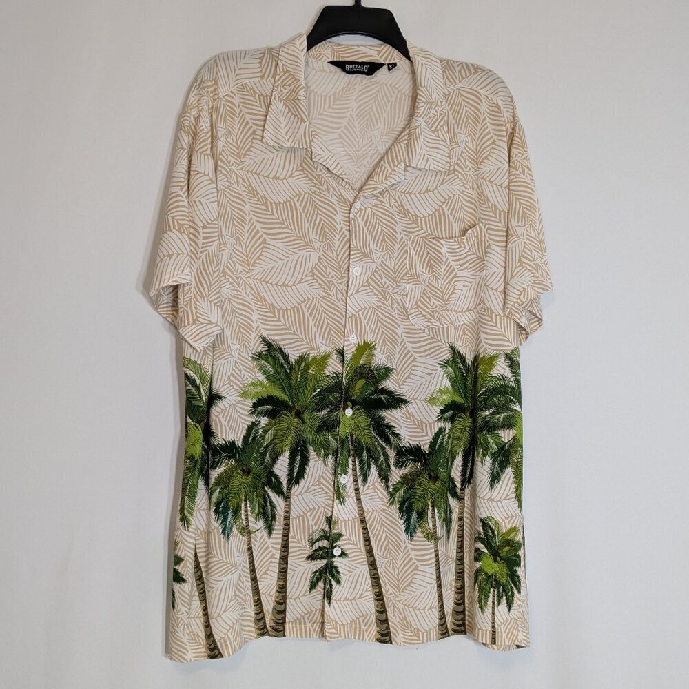 BUFFALO OUTDOORS Beige/Green Tropical Hawaiian Short Sleeve Shirt; Size XL